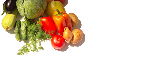 healthy food vegetables and herbs on a white background red and green zucchini, cabbage, cucumbers and dill