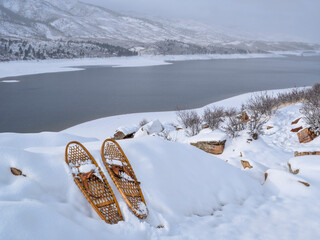 winter scenery of Horsetooth Reservoir in northern Colorado with classic snowshoes