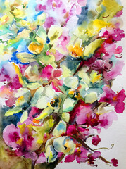 Abstract bright colored decorative background . Floral pattern handmade . Beautiful tender romantic bouquet of spring flowers , made in the technique of watercolors from nature.