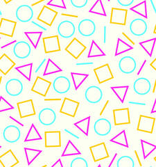 Seamless vector abstract pattern. Geometric shapes, circles, squares, lines in the original ornament. Texture background
 in the retro style of the 80s and 90s for the design of fashionable fabrics 