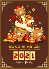 A card vector of ox playing lion dance in Chinese new year celebration