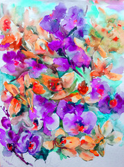 Fototapeta na wymiar Abstract bright colored decorative background . Floral pattern handmade . Beautiful tender romantic bouquet of spring flowers , made in the technique of watercolors from nature.