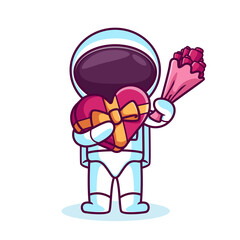 cute astronaut holding valentine present and flower bucket