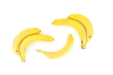 Banana fruits on white background. Flat lay. Yellow concept with bananas