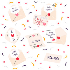 Vector illustration of Valentine's Day love letters isolated. Romantic declaration in flat linear style. Design elements for holiday with confetti and heart shapes. Craft and handmade gift, present