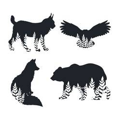 Set of animal silhouettes lynx, bear, owl, Fox