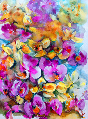 Obraz na płótnie Canvas Abstract bright colored decorative background . Floral pattern handmade . Beautiful tender romantic bouquet of orchid flowers , made in the technique of watercolors from nature.