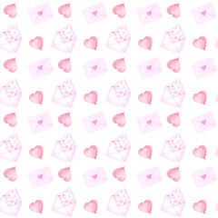 Watercolor cute seamless pattern with love letter and hearts. Perfect for printing, textile, web design, photo albums, scrapbooking and other souvenir products.