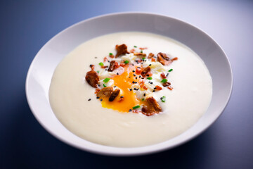 Poached egg with potato cream and mushrooms