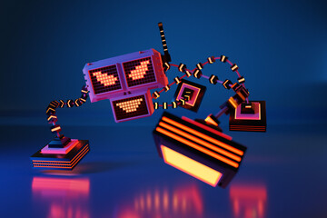 3d illustration of a robot that looks like an animal with four legs, sly eyes and a smile, all...