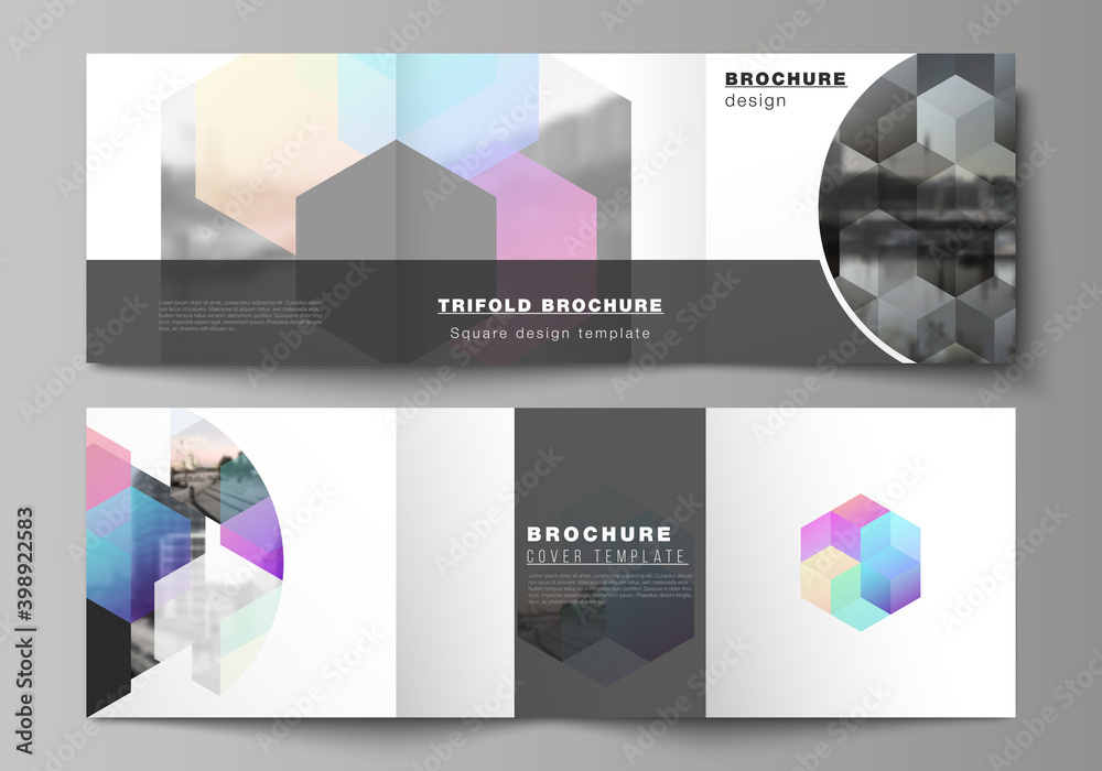 Wall mural vector layout of square format covers design templates with colorful hexagons, geometric shapes, tec