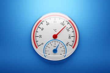 3d illustration of a round barometer with markings up to 160 on a blue isolated background