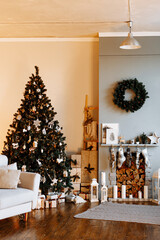 Festive interior with decorated Christmas tree and fireplace