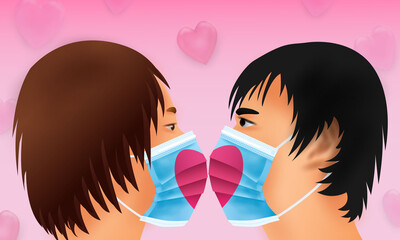 Illustration of valentine day new normal concept.  Couples with heart surgical masks. Corona virus protection.-Vector.  