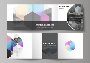 Vector layout of square format covers design templates with colorful hexagons, geometric shapes, tech background for trifold brochure, flyer, magazine, cover design, book design, brochure cover.