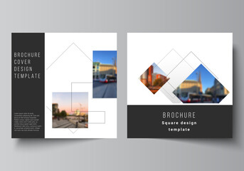 Vector layout of two square format covers design templates with geometric simple shapes, lines and photo place for brochure, flyer, magazine, cover design, book, brochure cover.