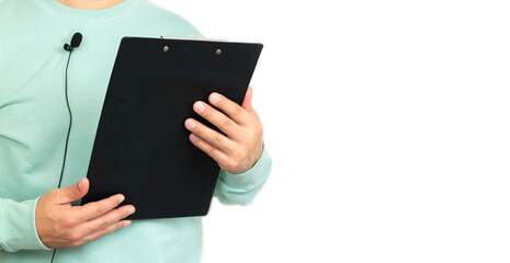 Businessman coach with microphone and clipboard, mentor speaker holding online lesson
