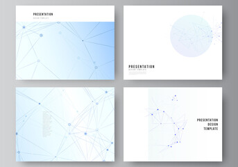 Vector layout of presentation slides design business templates, multipurpose template for presentation brochure, brochure cover, report. Blue medical background with connecting lines and dots, plexus.