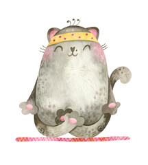 Yoga Cat. Cute meditator character in lotus asana. Mascot for sports goods, yoga courses. Watercolor hand drawn illustration.