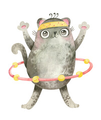 Fitness cat. Cute character spinning a sports hoop. Mascot for sports goods, fitness courses. Watercolor hand drawn illustration.