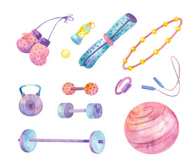 Collection of sports items. Clipart set with barbells, kettlebells, jump rope, hoop, fitball, dumbbells, boxing gloves. Watercolor hand drawn illustations.