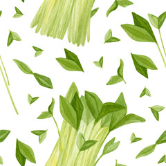 Spring garden leaves of coriander seamless pattern. Cartoon greens  watercolor illustration. Wallpaper, wrapping paper design, textile, scrapbooking, digital paper.