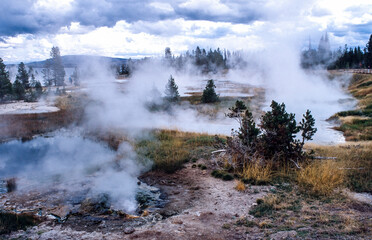 Hot springs with steam in Yellowstone National Park, USA