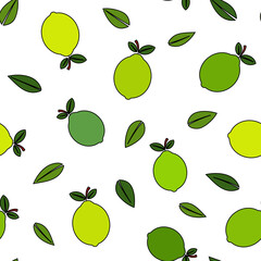 Green lemon cartoon illustration, full, slices and leaves, over white background