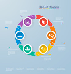 Infographics template with realistic colorful circles for 6 steps and icons. Can be used for workflow layout, diagram, number options, step up options, web design, infographics, presentations