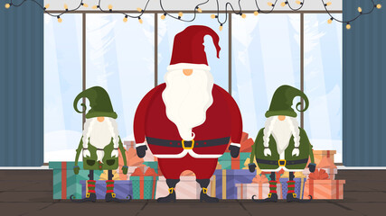 Santa Claus with Christmas gnomes is in the festive room. Beautiful present box with overwhelming bow. Mountain gifts. Christmas gift box. Isolated. Vector.