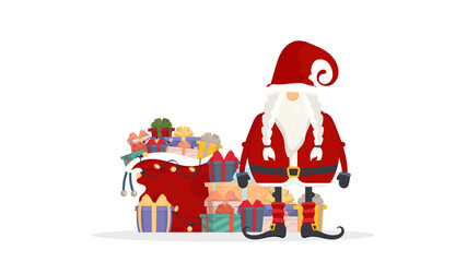 Santa Claus with a bag of gifts. A beautiful gift box with a stunning bow. Mountain gifts. Christmas gift box. Vector illustration of a retro Christmas card.