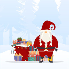 Santa Claus with a mountain of gifts and a red sack stands in the winter forest. Forest with white trees and snow. Vector.