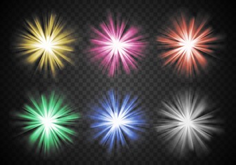 Glowing light stars in different colors with transparencies