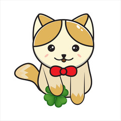 a cat with a clover leaf, a cat's lucky leaf vector illustration in flat design eps 10