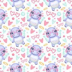 Valentine's day animals seamless pattern. Cute cartoon hippo cupid seamless pattern.