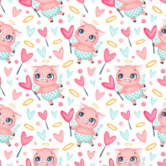 Valentine's day animals seamless pattern. Cute cartoon pig cupid seamless pattern.