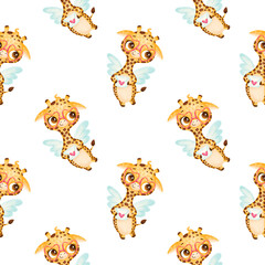 Valentine's day animals seamless pattern. Cute cartoon giraffe cupid seamless pattern.