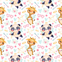 Valentine's day animals seamless pattern. Cute cartoon panda and giraffe cupids seamless pattern.