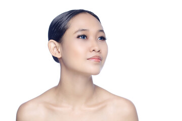 Beautiful young white girl model in pigtails with blue eyes or blue contact lens and natural makeup