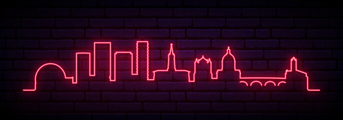 Obraz premium Red neon skyline of Toulouse. Bright Toulouse City long banner. Vector illustration.