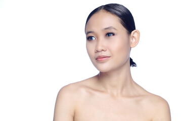 A beautiful young white girl model in pigtails with blue eyes or blue contact lens and natural makeup