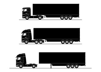 Set of modern semi trailer truck silhouettes. Three types of semi tractor. Each silhouette consists of a black and white shape. Flat vector. - 398928762