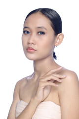 A beautiful young white girl model in pigtails with blue eyes or blue contact lens and natural makeup 