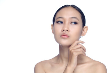 A beautiful young white girl model in pigtails with blue eyes or blue contact lens and natural makeup