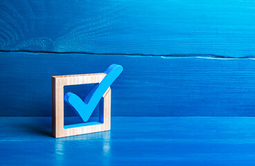 Blue voting tick. Checkbox. Choice and guarantee concept. Democratic elections for parliament or...