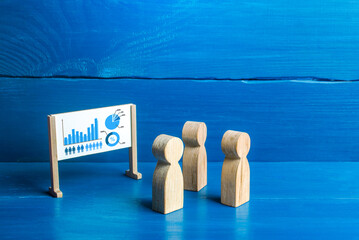 Figures of people are looking at the whiteboard with a diagram. Briefing and work meetup. Statistics analysis and marketing strategy development. Data review, market share. Training and coaching.