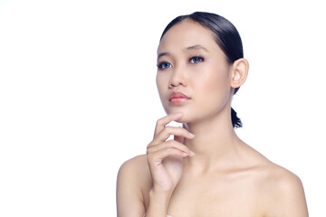 A beautiful young white girl model in pigtails with blue eyes or blue contact lens and natural makeup 