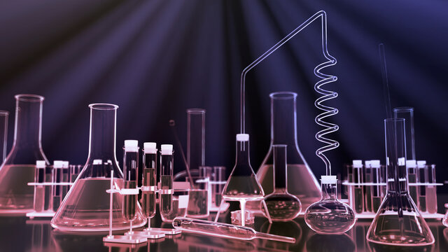 lab proofs and other various glassware with light rays - chemical concept or covid vaccine background, 3D illustration of objects