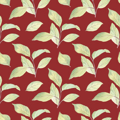 Botanical seamless pattern. Watercolor pattern of leaves. Green leaves on a red background. For print and design. Suitable for wrapping paper.