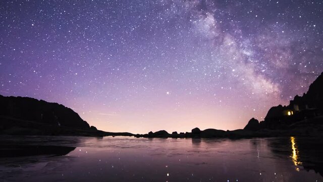 Milky way timelapse over frozen lake